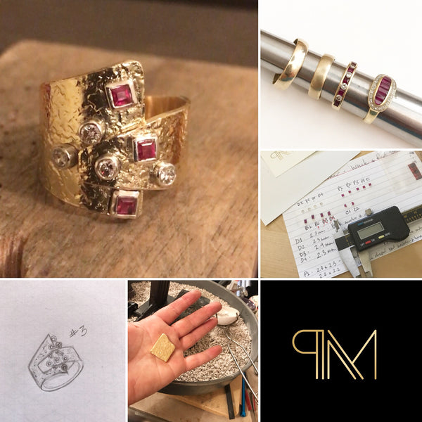 Custom made yellow gold diamond and ruby ring. Custom made by Barb Peterson showing process pics from original rings, to stones removed, drawings, and the ingot of gold.