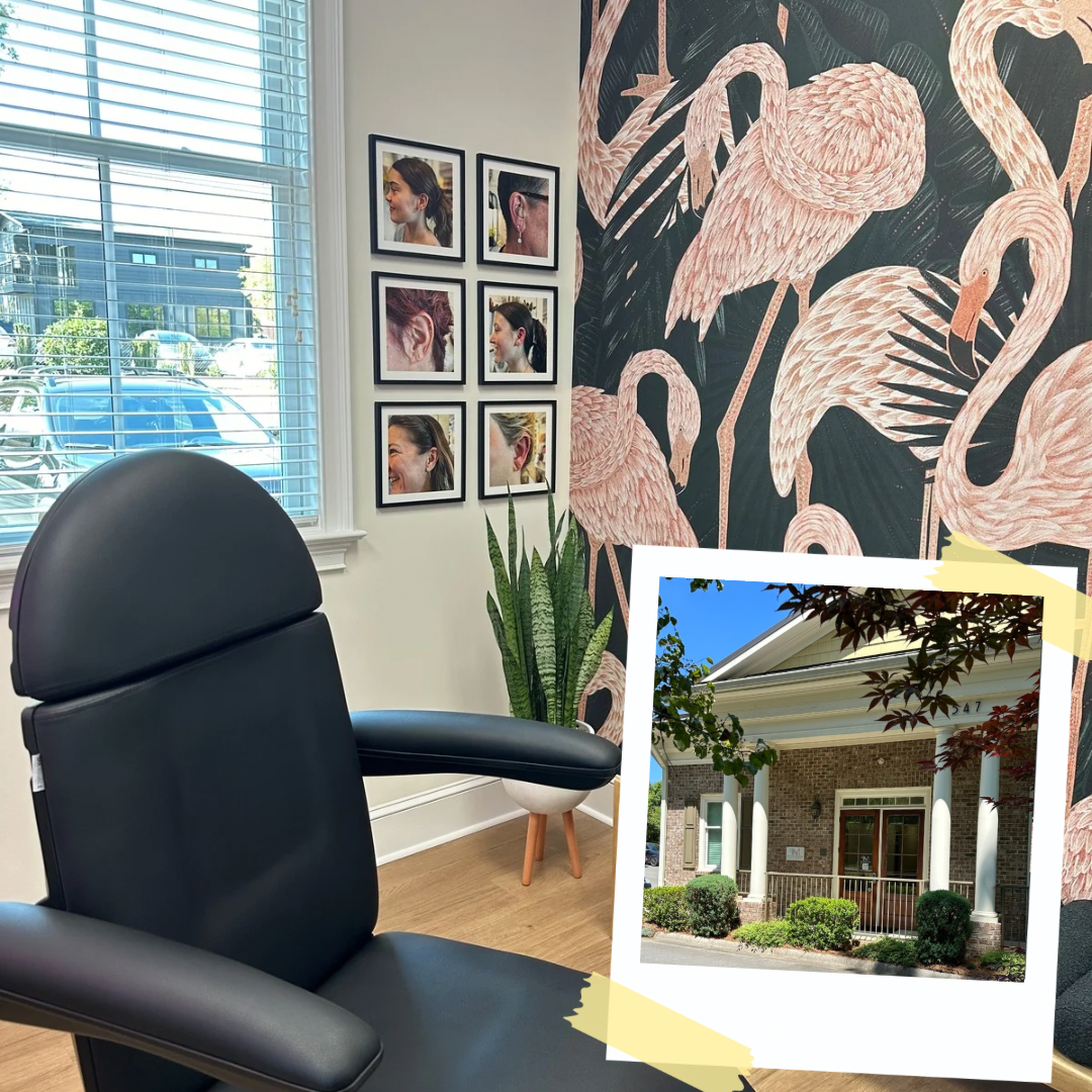 Peterson MADE interior piercing chair, client photos and flamingo wallpaper, and exterior building photo. Peterson MADE at W. Charles Street.