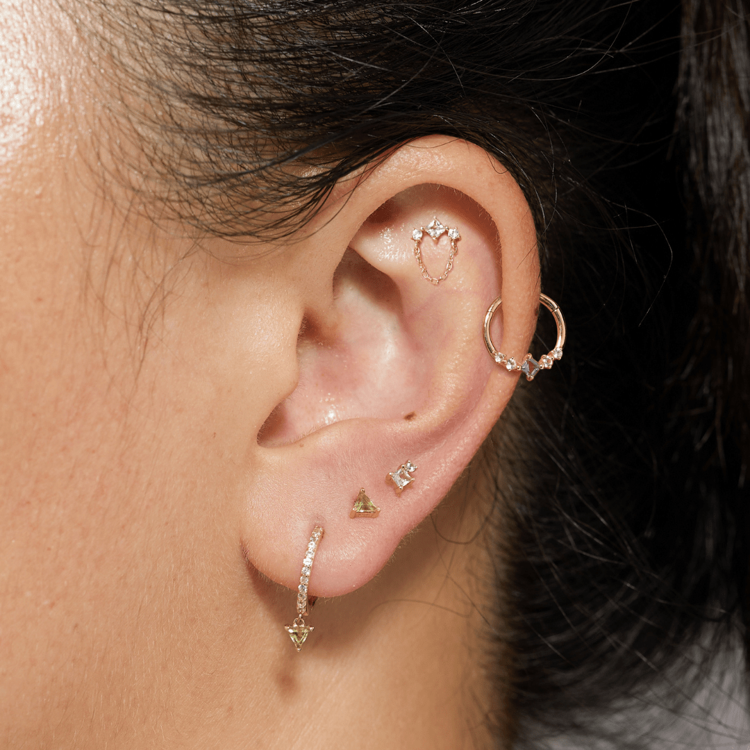 14k White Sapphire Trio w/Chain Threadless Top - Peterson MADE