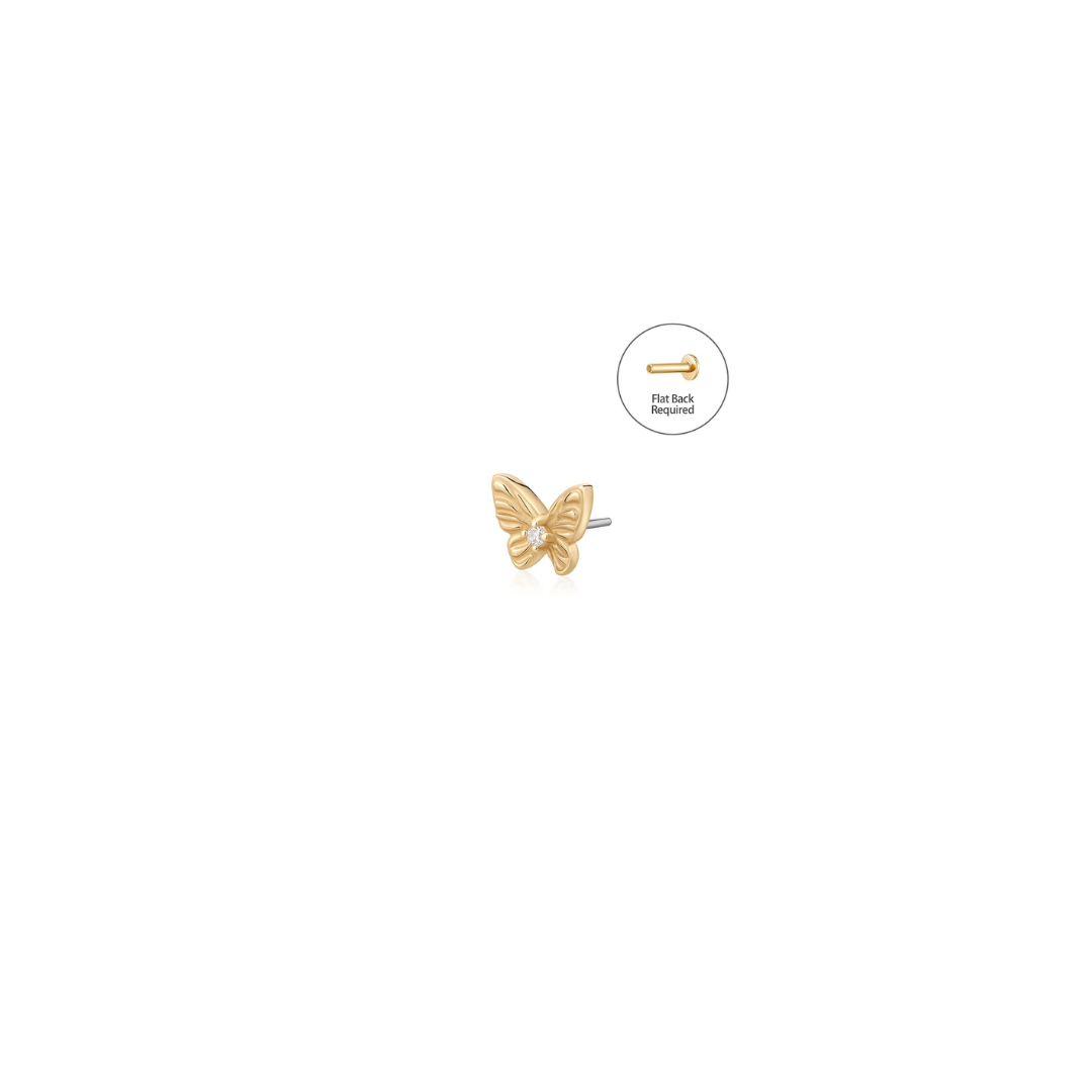 14k gold butterfly threadless top 
with lab grown diamond accent shown on white background with inset reminder that a flat back post is also required