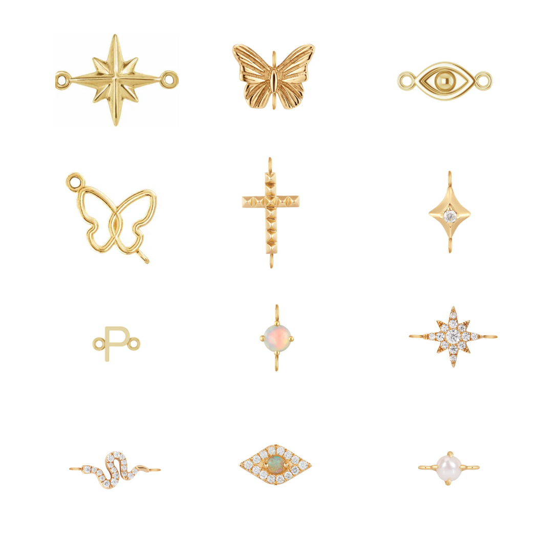A collection of 14k Gold Charm Links from the Peterson MADE Forever Linked Forever Linked Collection - shown on a white background.