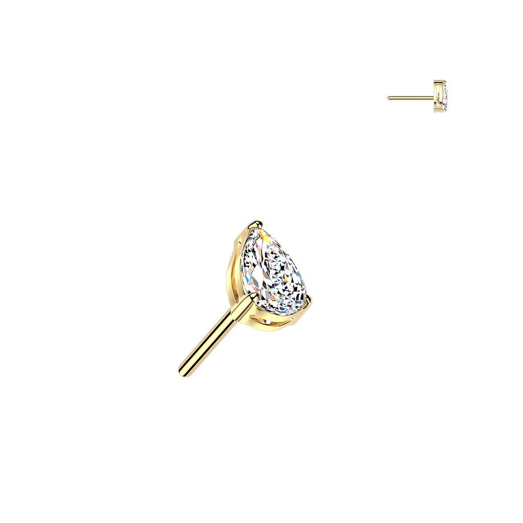3mm Petite Prong Set Teardrop CZ Titanium PVD Gold Threadless Top - Peterson MADE