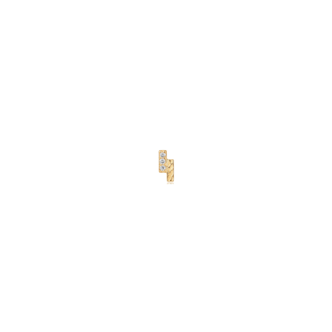 14k gold diamond bar duo feating a trio of petite diamonds and a textured gold bar shown on a white background.
