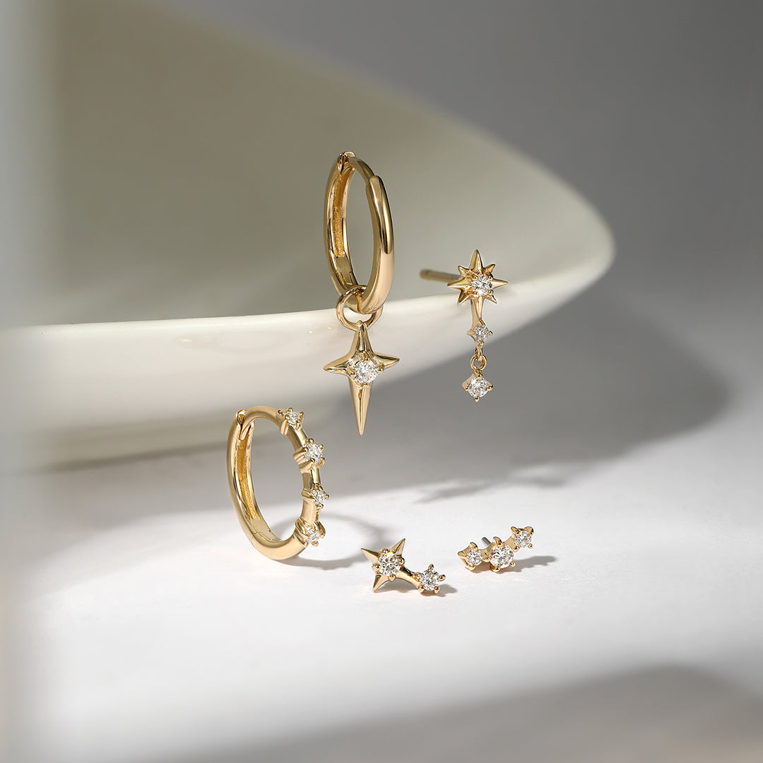 Collection of 14k YG Star Jewelry. Threadless Tops and Hinged Hoops. 