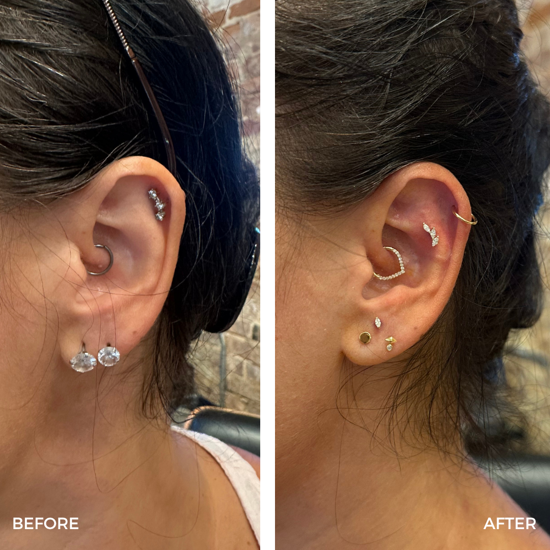 Before and after of a client’s ear at a Curated Ear Styling appointment at Peterson MADE.  Upgraded her dark steel jewelry to a curated stack of solid 14k gold and diamonds that features her anatomy. 