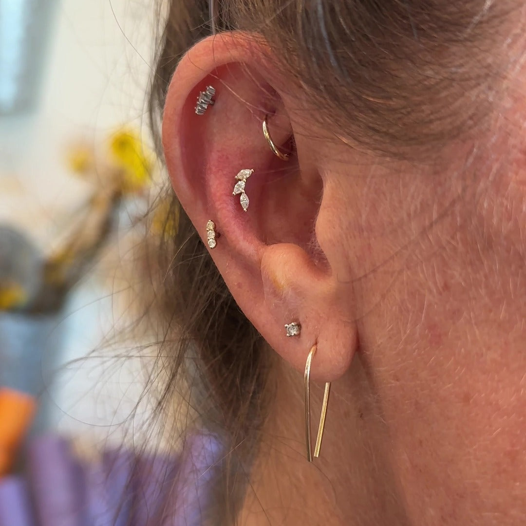 Curated ear with helix, rook, flat, mid-helix, contra conch, and lobe piercings, all pierced and styled at Peterson MADE with 14k gold jewelry.