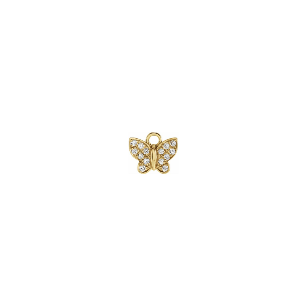 Petite 14k yellow gold diamond butterfly charm on a white background