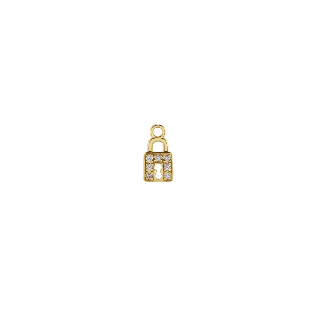 Petite 14k yellow gold diamond lock charm on a white background