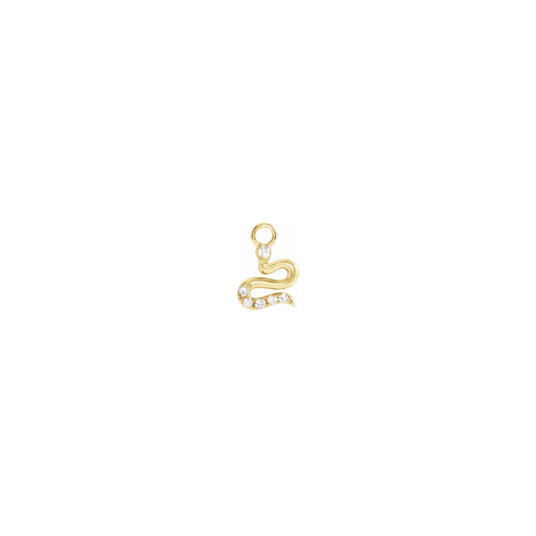 Petite 14k yellow gold diamond snake charm on a white background