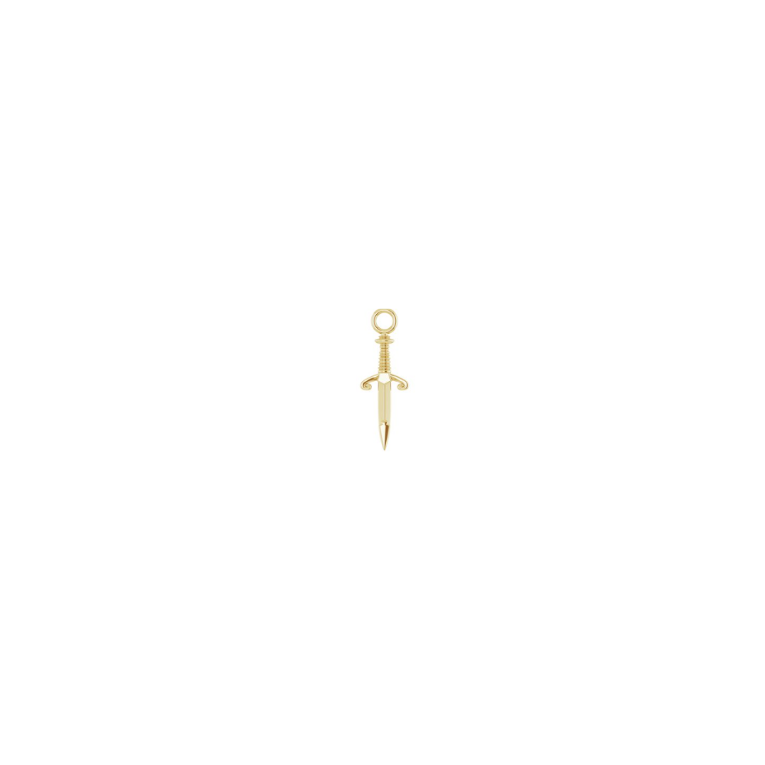 Petite 14k yellow gold dagger charm on a white background