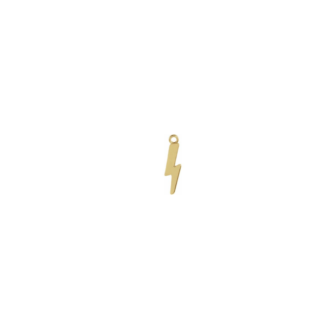 Petite 14k yellow gold lightening bolt charm on a white background
