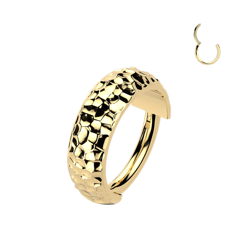 Titanium Wide Dome Hinged Hoop With Hammered Pattern. 3.5mm wide shown in PVD Gold on white background. 