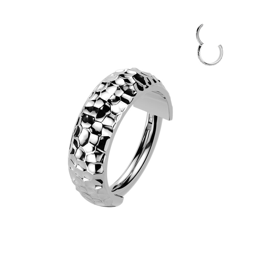 Titanium Wide Dome Hinged Hoop With Hammered Pattern. 3.5mm wide shown on white background. 