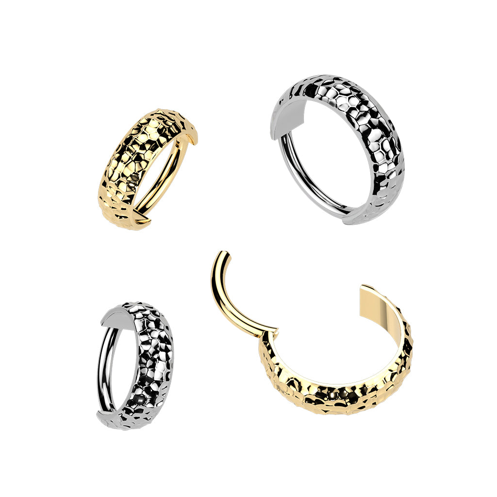 Titanium Wide Dome Hinged Hoop With Hammered Pattern. 3.5mm wide shown in PVD Gold and Titanium color on white background. 