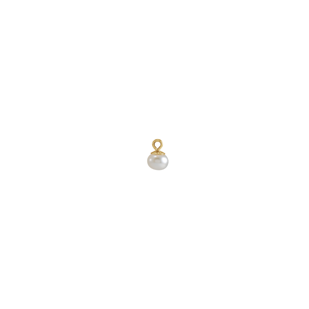 Petite 14k yellow gold white cultured pearl charm on a white background