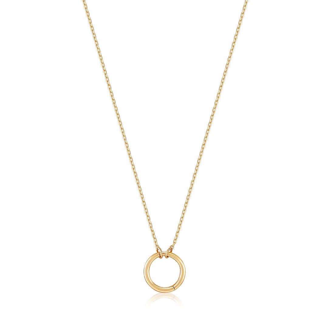 Hinged Charm Bail Connector shown hanging from a chain without any charms added. 