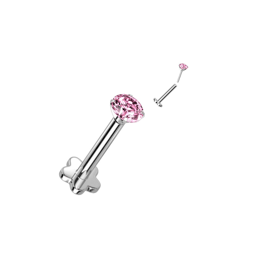2mm Pink CZ Titanium Prong Set Threadless Top & Flower Labret Set - Peterson MADE