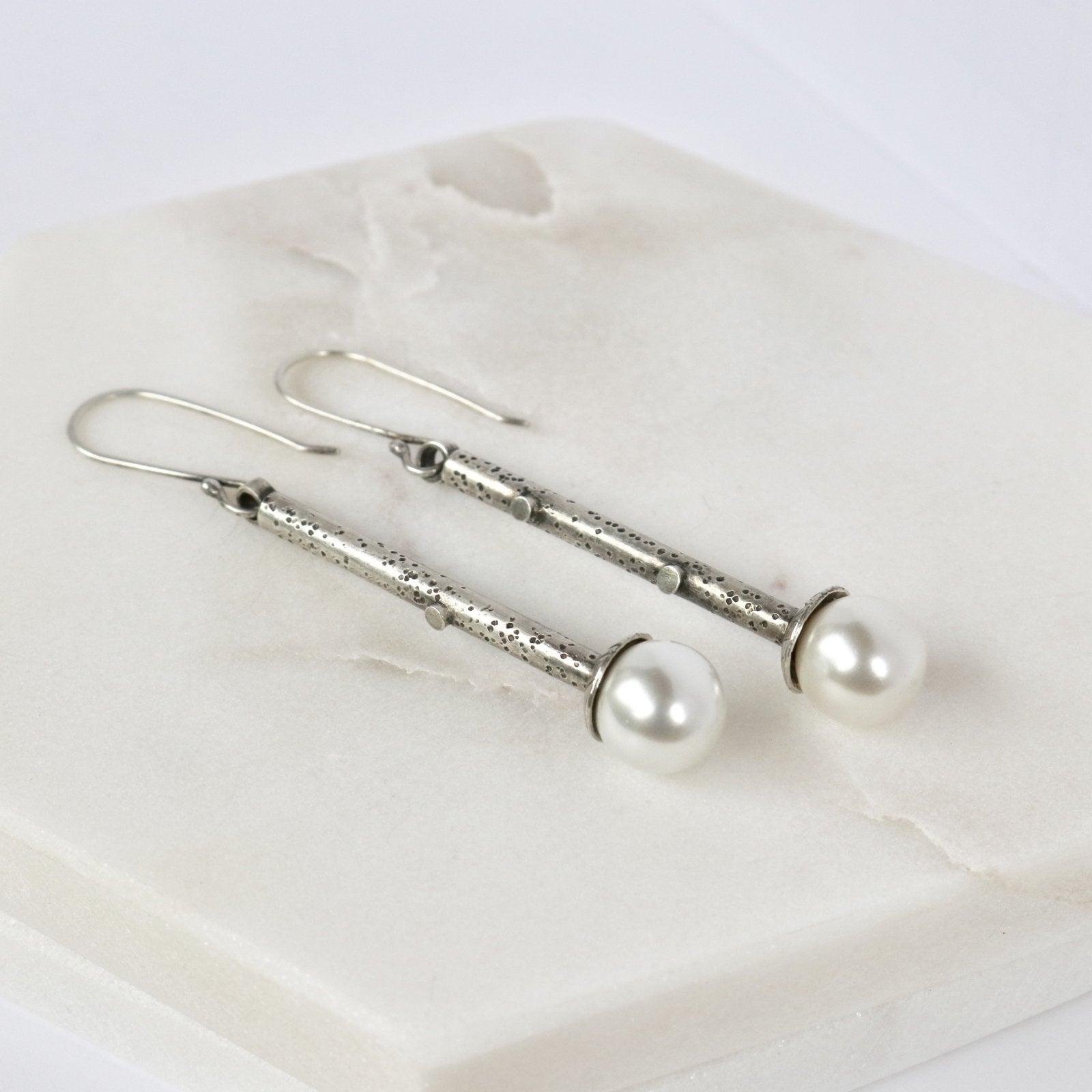 Column Earrings - Sterling Silver, Swarovski Pearl White - Peterson MADE