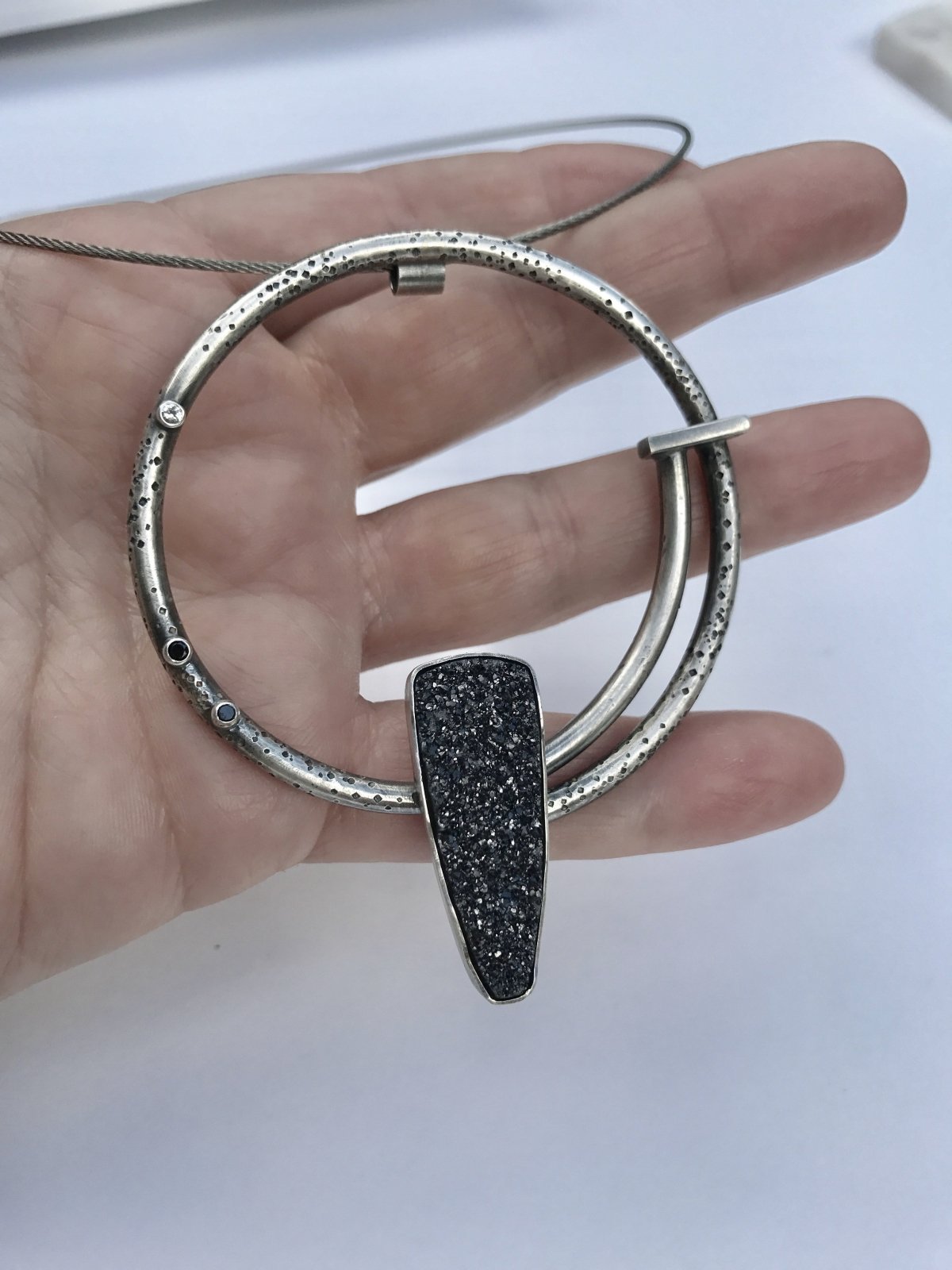 One of a kind, Sterling Silver Pendant - Black Drusy, Black Diamonds, and White Sapphire - Peterson MADE